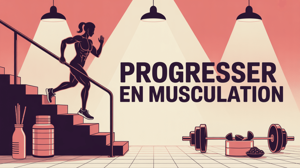 Illustration comment progresser en musculation, escalier d'haltères, motivation