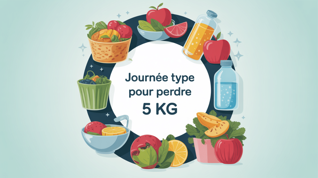 Illustration journée type pour perdre 5 kg, repas, sport, hydratation