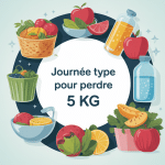 Illustration journée type pour perdre 5 kg, repas, sport, hydratation