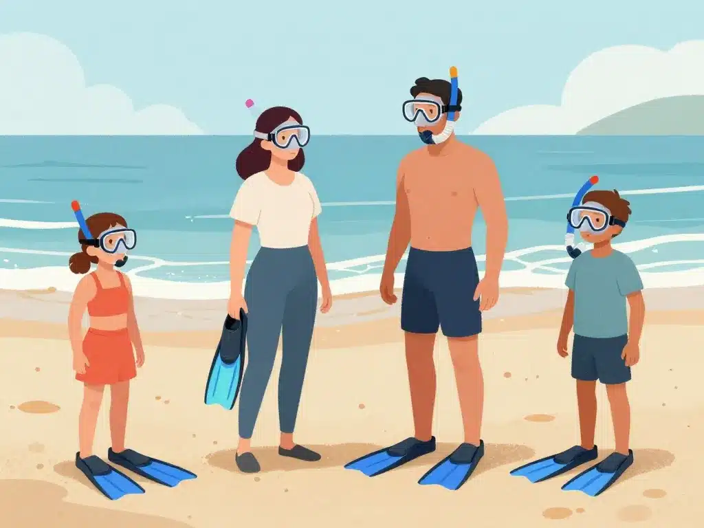 utilisateurs différents essayant des palmes snorkeling sur plage