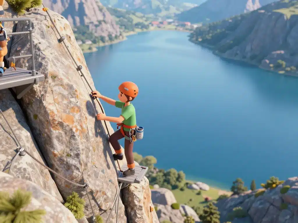 parcours via ferrata de la dent du chat difficulté vue lac