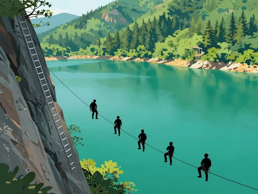 Grimpeurs sur voie via ferrata Vouglans au-dessus du lac