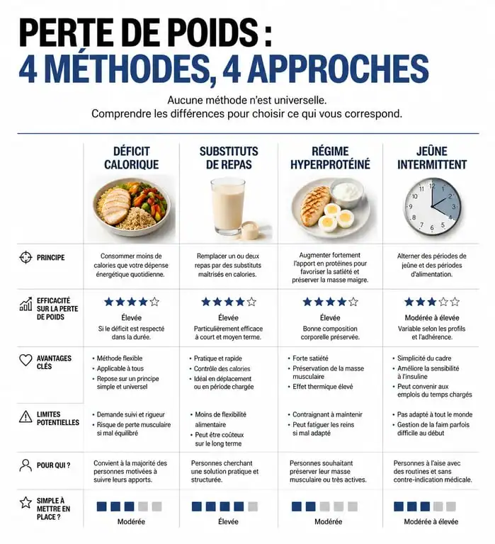 Comparatif des méthodes pour maigrir vite et bien : déficit calorique, substituts, hyperprotéiné et jeûne