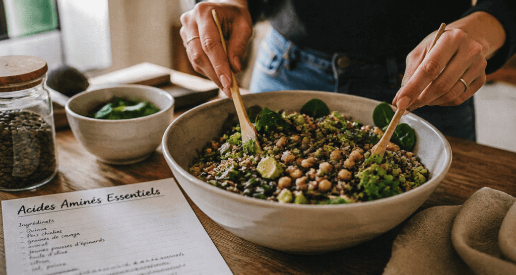 aliments et acides amines bol quinoa pois chiches