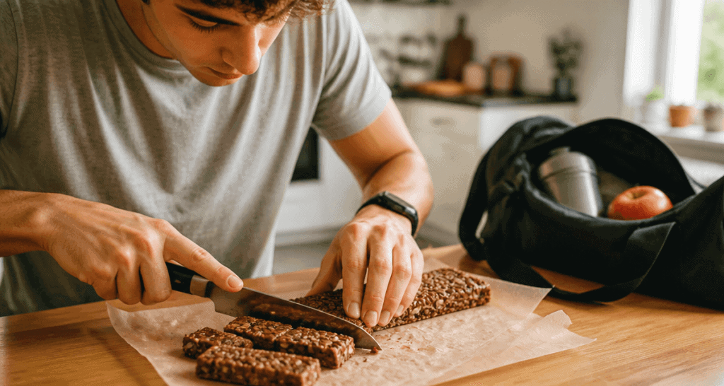 barres de cereales proteinees coupees sur table