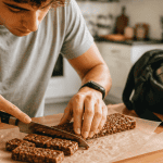 barres de cereales proteinees coupees sur table