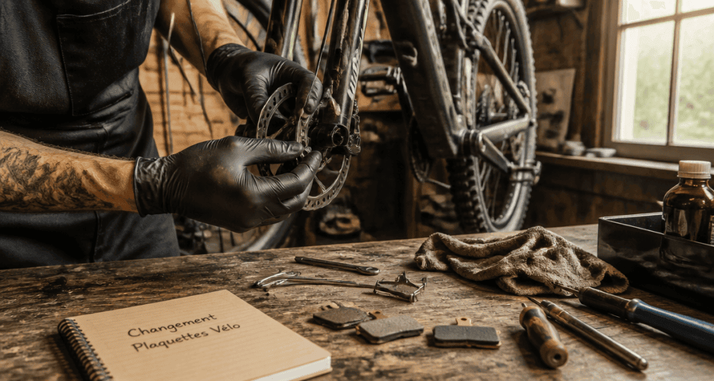 changer plaquette de frein velo sur VTT en atelier