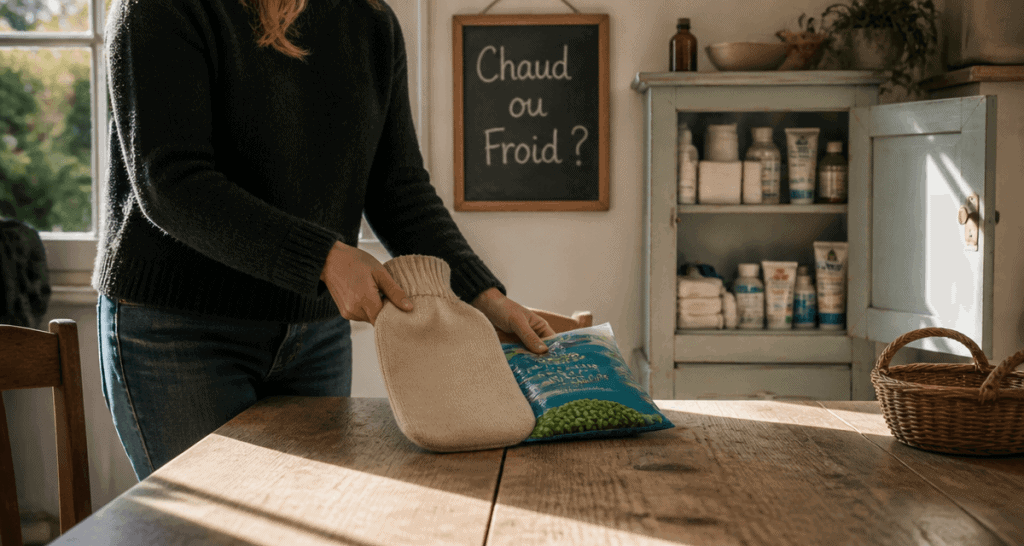 Chaud ou froid pour mal de dos, bouillotte et sac de glace sur table