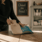 Chaud ou froid pour mal de dos, bouillotte et sac de glace sur table