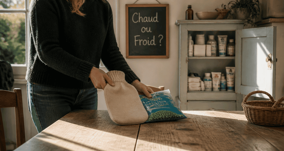 Chaud ou froid pour mal de dos, bouillotte et sac de glace sur table