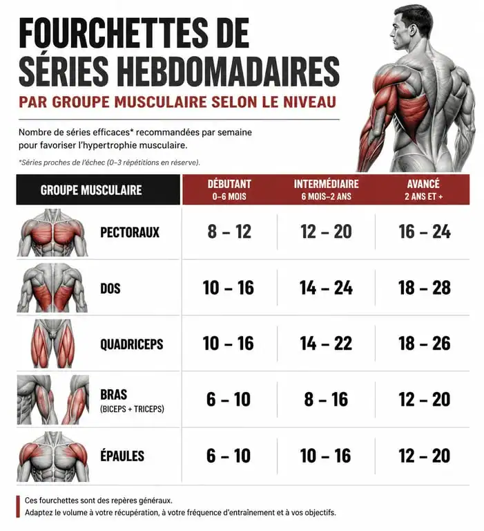 Tableau récapitulatif du nombre de séries par muscle par semaine pour optimiser la musculation