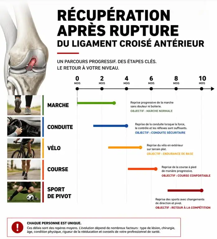 Infographie des délais de récupération après une rupture des ligaments croisés du genou