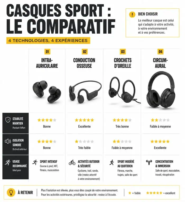 Infographie comparative des meilleurs casques Bluetooth pour le sport par type et usage
