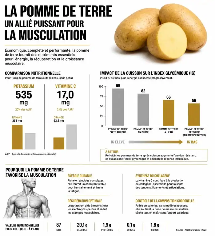 Infographie nutritionnelle : bienfaits de la pomme de terre pour la musculation et index glycémique