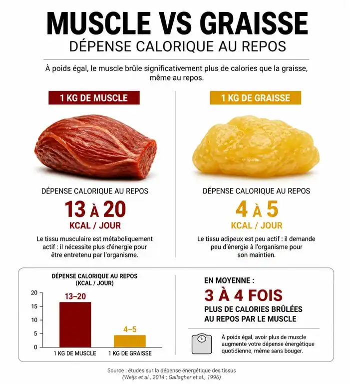 Infographie comparant la dépense calorique du muscle et de la graisse pour comprendre le métabolisme et la musculation