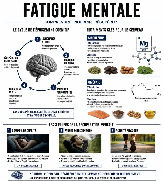 Infographie sur les causes et solutions pour retrouver de l'énergie mentale