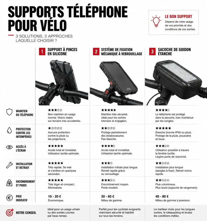 Comparatif des types de supports pour téléphone de vélo : silicone, mécanique et sacoche