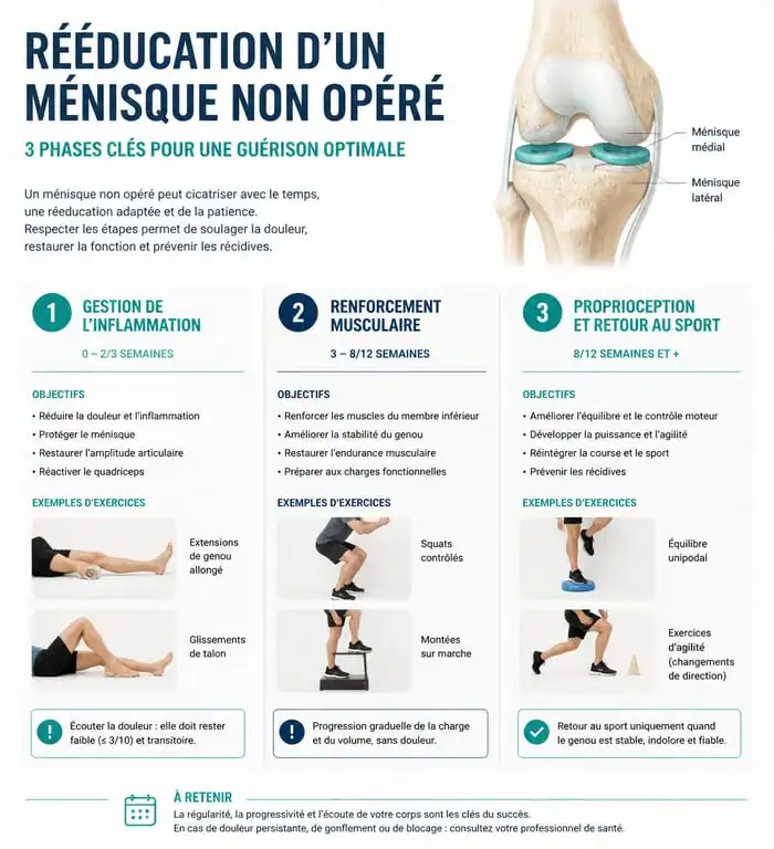 Infographie des étapes de rééducation ménisque non opéré