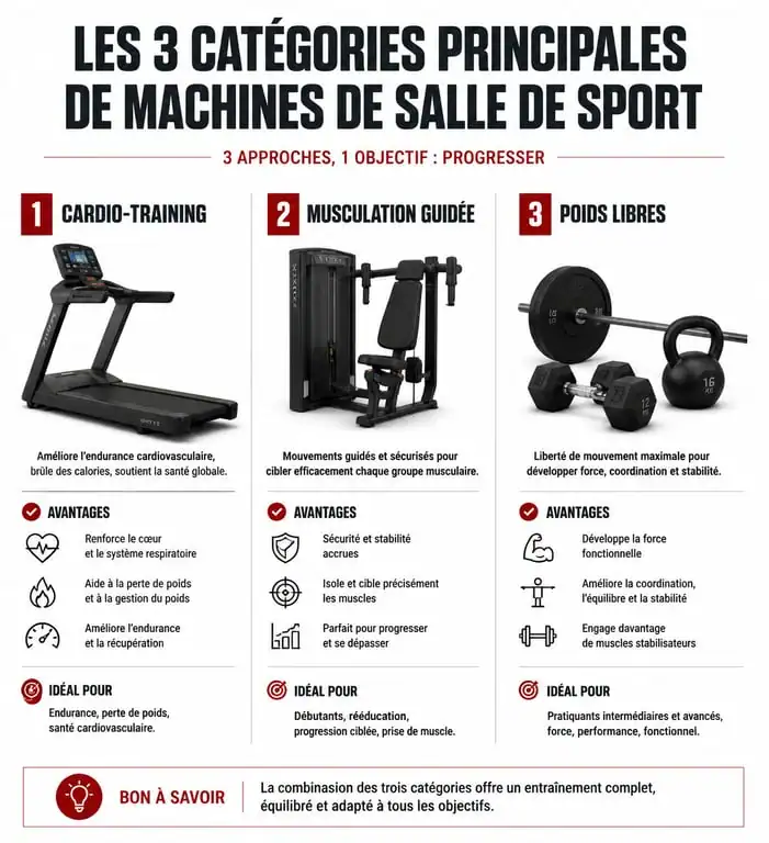 Infographie comparative des machines de salle de sport : cardio, musculation guidée et poids libres.