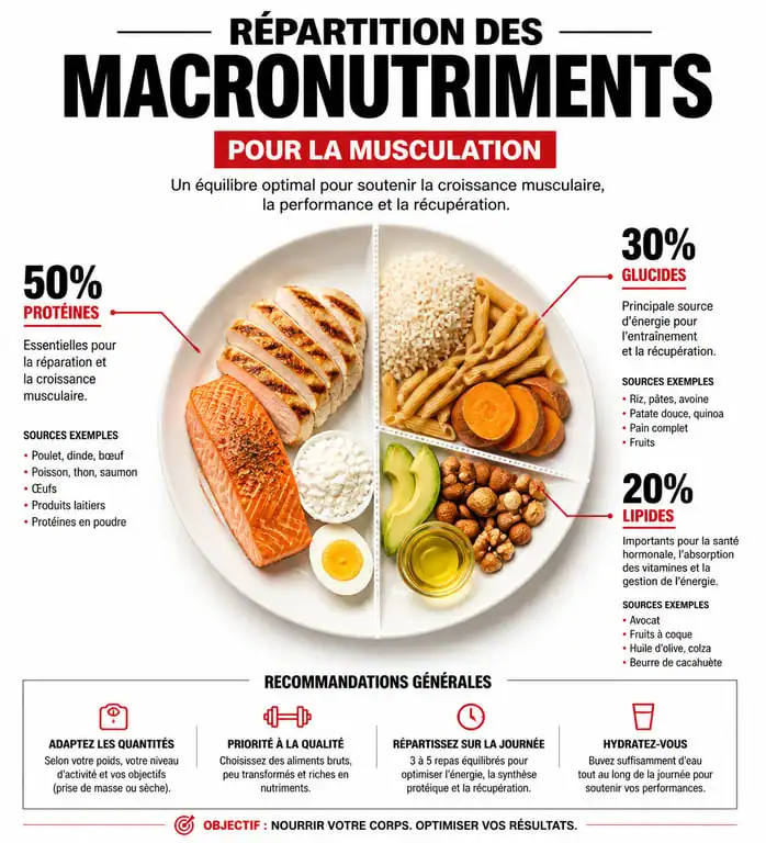 Infographie répartition macronutriments nutrition musculation