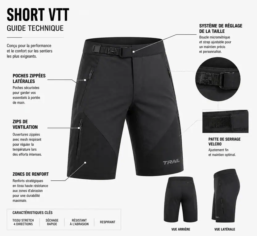 Anatomie d'un short VTT technique avec zones de renfort et poches zippées