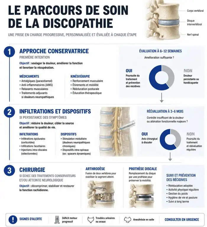 Infographie du parcours de traitement de la discopathie : des méthodes conservatrices à la chirurgie