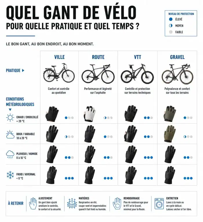 Infographie comparative des types de gants vélo selon la pratique et la saison