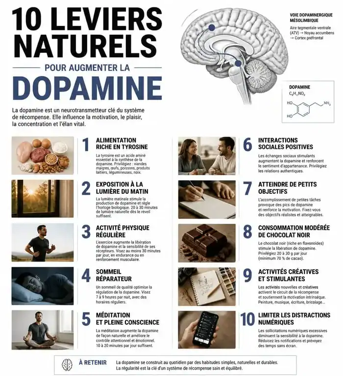 Infographie sur les 10 façons d'augmenter la dopamine naturellement dans le cerveau