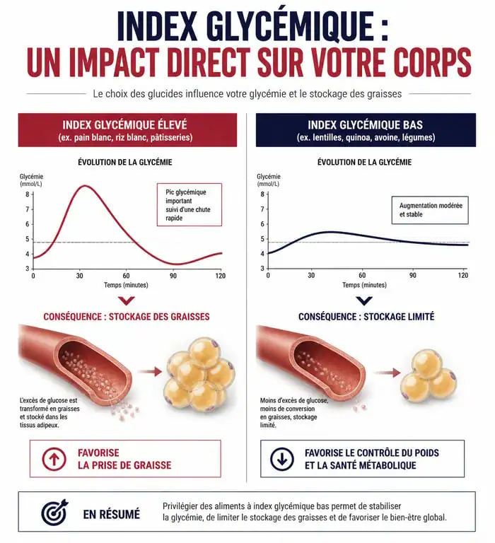 Infographie sur l'impact de l'index glycémique pour maigrir sans régime
