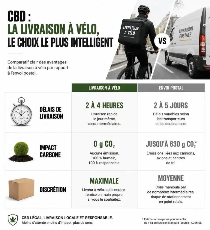 Infographie comparative : livraison CBD à vélo vs envoi postal