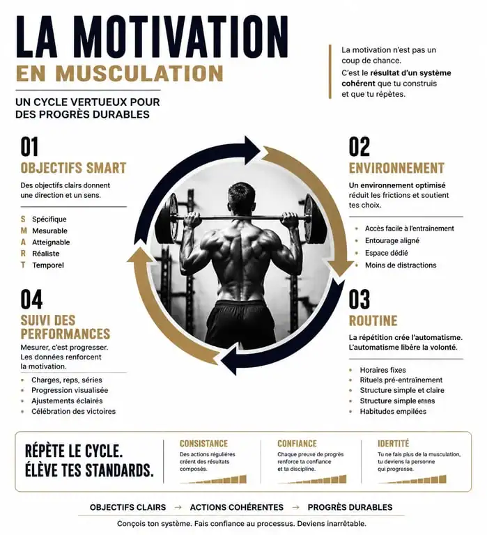 Infographie motivation musculation : objectifs SMART, routine et suivi