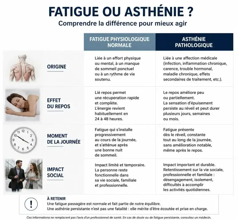Infographie comparative entre fatigue normale et asthénie pour comprendre le manque d'énergie