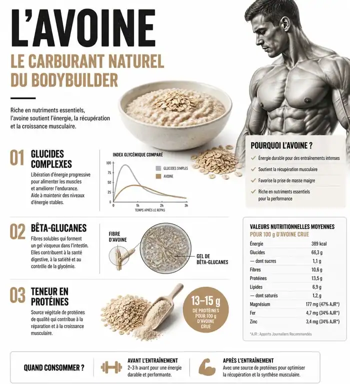 Infographie des bienfaits des flocons d'avoine pour la musculation et la prise de masse