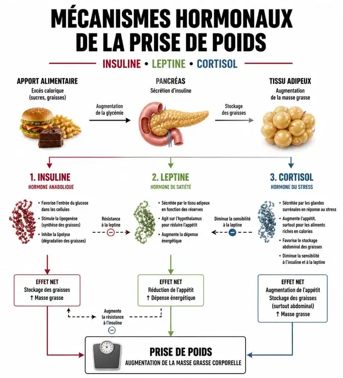 Infographie expliquant les causes hormonales de la stagnation pondérale et pourquoi je n'arrive pas à maigrir