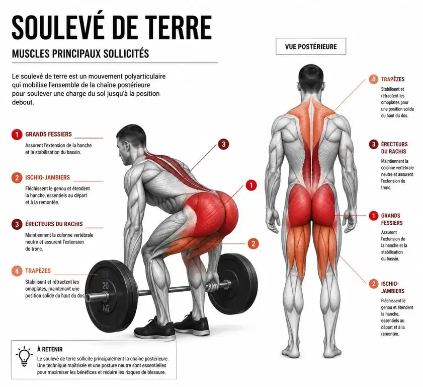 Schéma des muscles sollicités lors du soulevé de terre deadlift