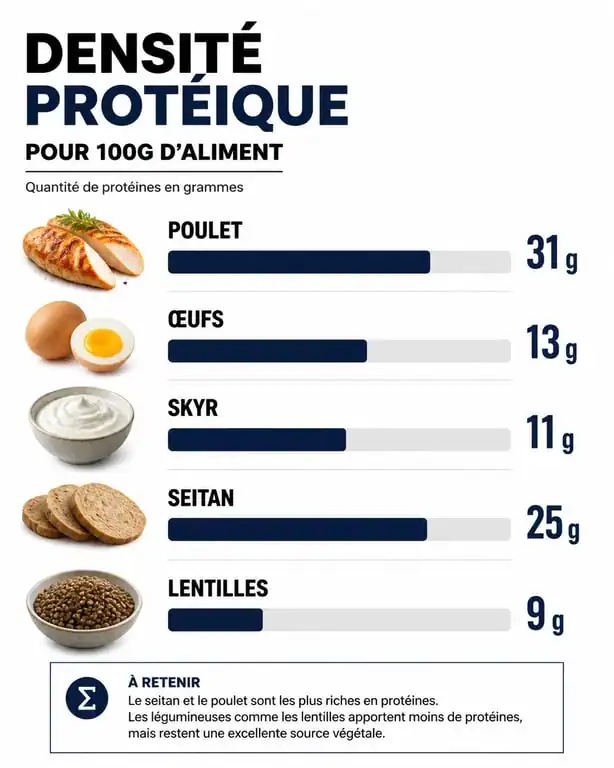 Infographie comparant la densité protéique des sources alimentaires pour atteindre 150 g de protéines par jour