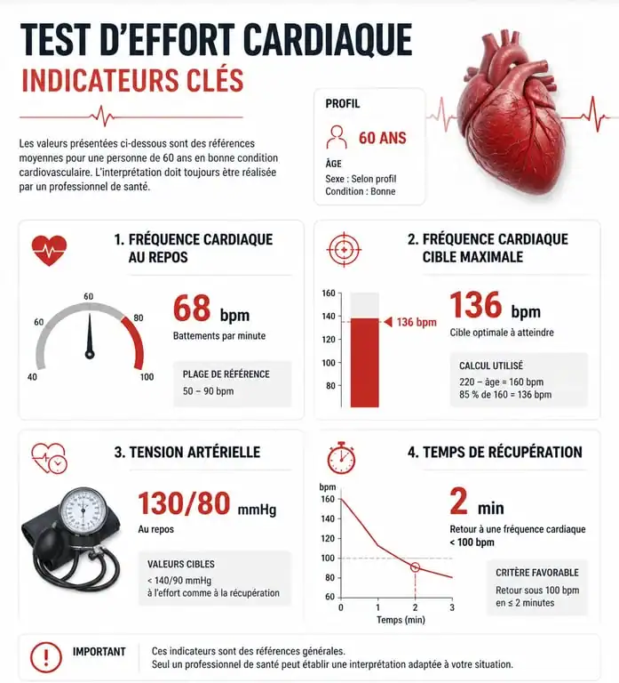 Infographie des indicateurs de santé pour un test d'effort à 60 ans