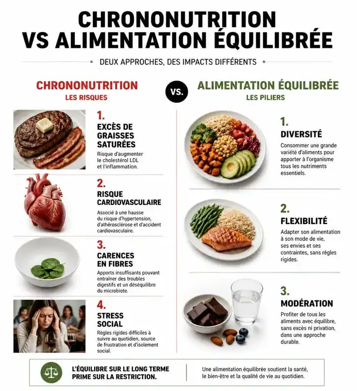 Infographie comparative des dangers de la chrononutrition par rapport à une alimentation équilibrée pour la santé