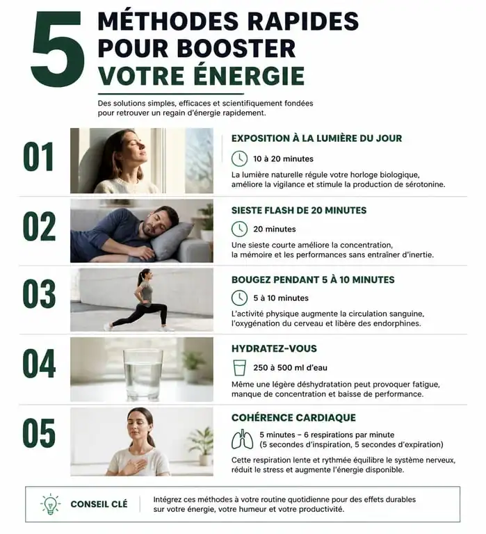 Infographie des méthodes pour avoir de l'énergie rapidement et booster sa vitalité