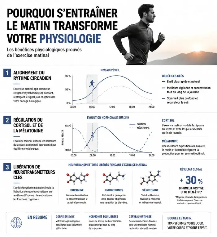 Infographie sur les bienfaits physiologiques du sport matinal et l'impact sur le métabolisme