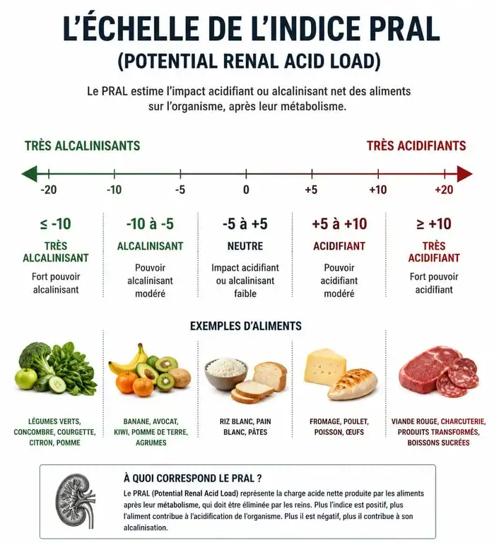 Infographie de l'indice PRAL pour classer les aliments acides ou basiques