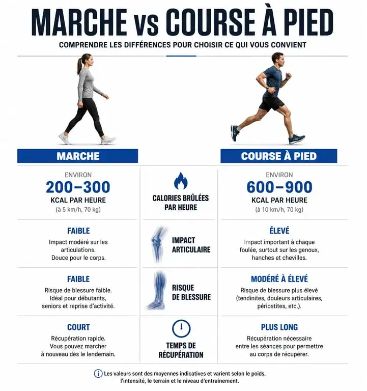 Infographie comparative : marche vs course à pied pour la perte de poids