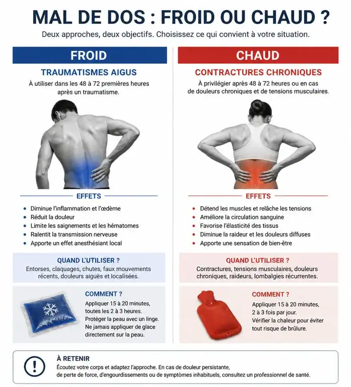 Infographie comparative : quand appliquer du chaud ou du froid pour soulager un mal de dos