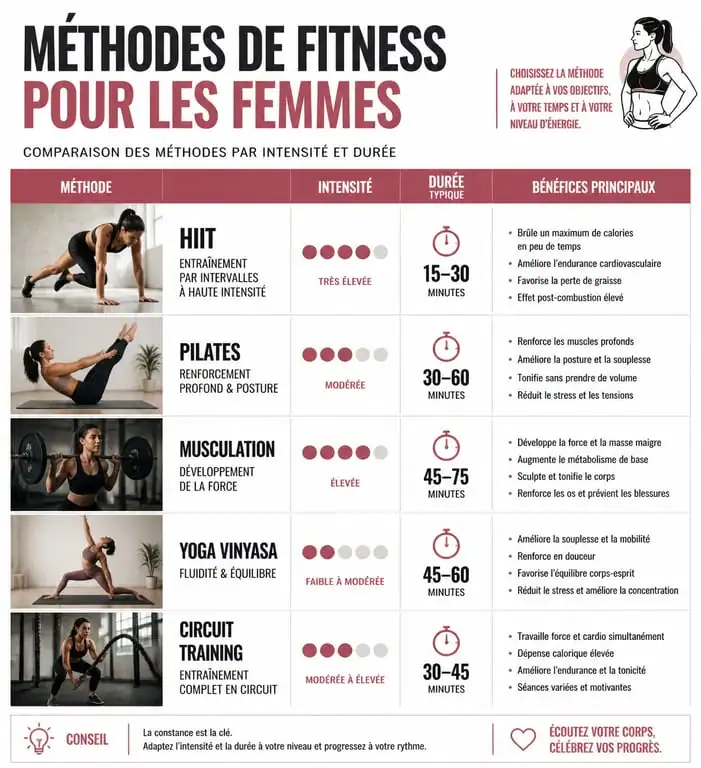 Comparatif des méthodes de fitness pour femmes : HIIT, Pilates, Musculation, Yoga et Circuit Training