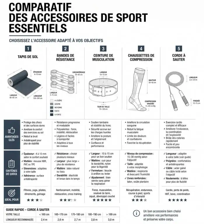Infographie comparative des accessoires pour sport essentiels pour le fitness et la musculation
