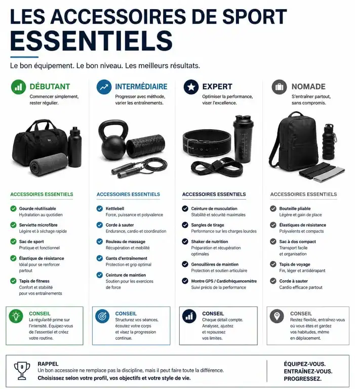 Infographie récapitulative des accessoires de sport par profil pour optimiser sa routine fitness.