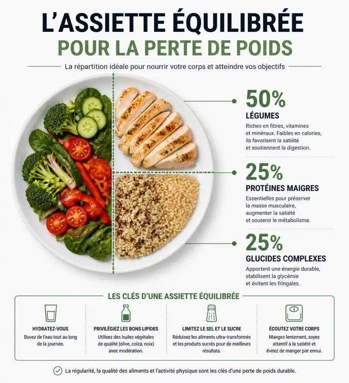 Infographie de l'assiette équilibrée pour un plan alimentaire perte de poids