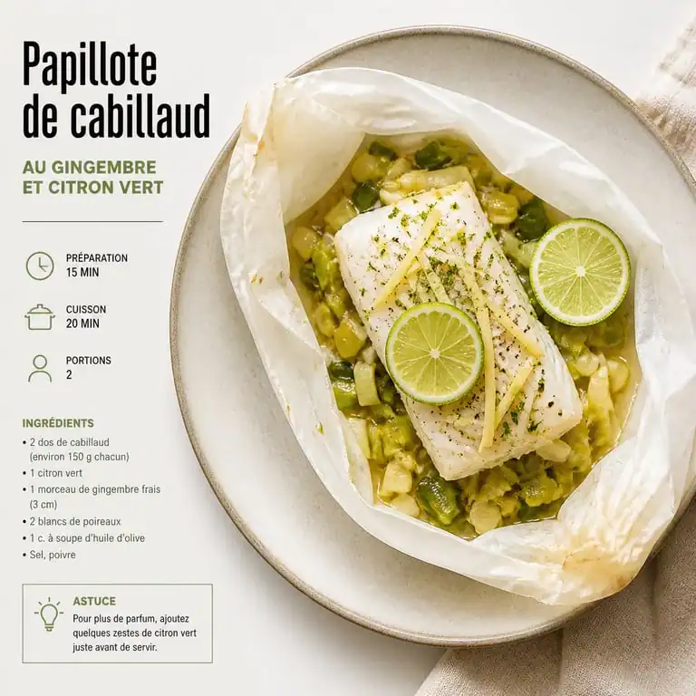Recette pour maigrir le ventre : papillote de cabillaud au gingembre et citron vert