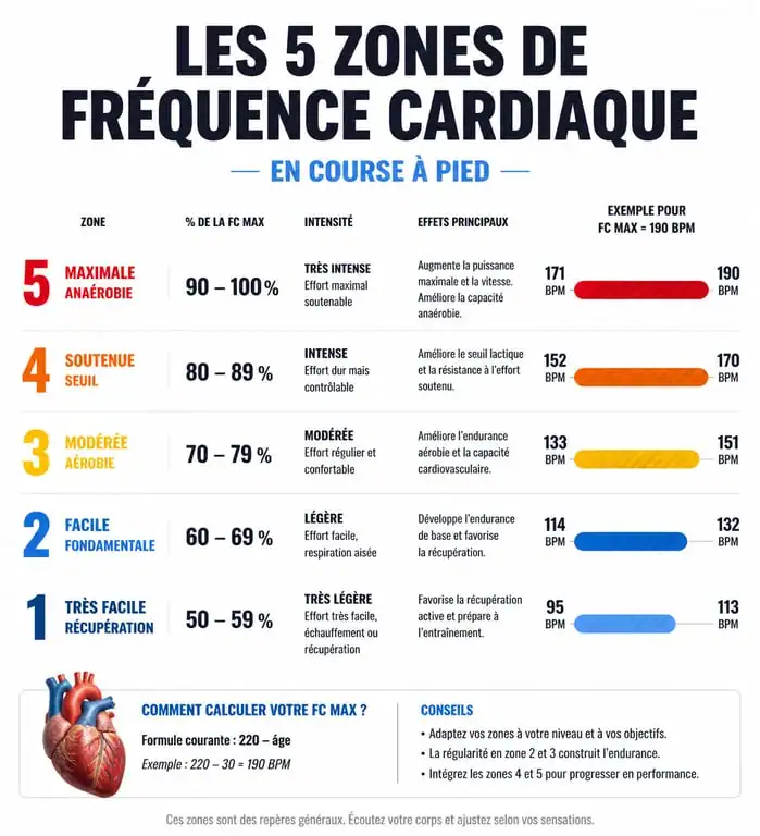 Infographie des 5 zones de fréquence cardiaque pour la course à pied