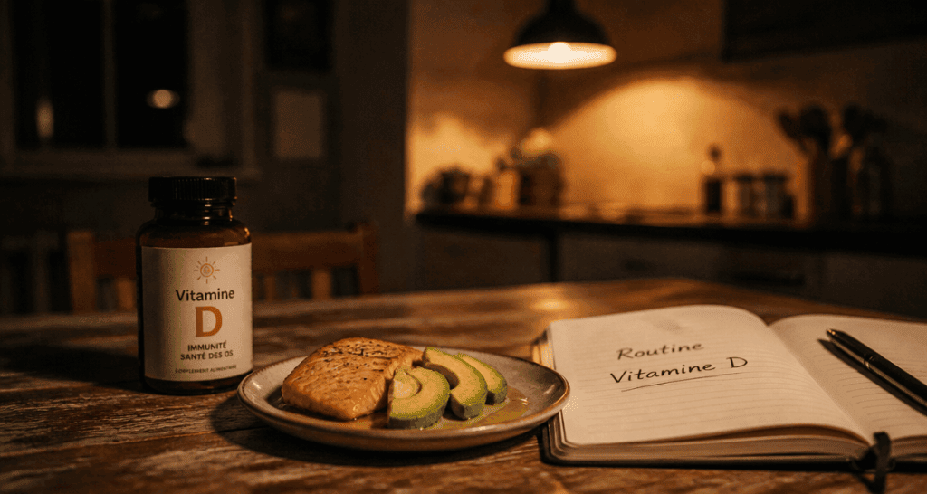pourquoi prendre la vitamine d le soir, flacon et aliments sur table